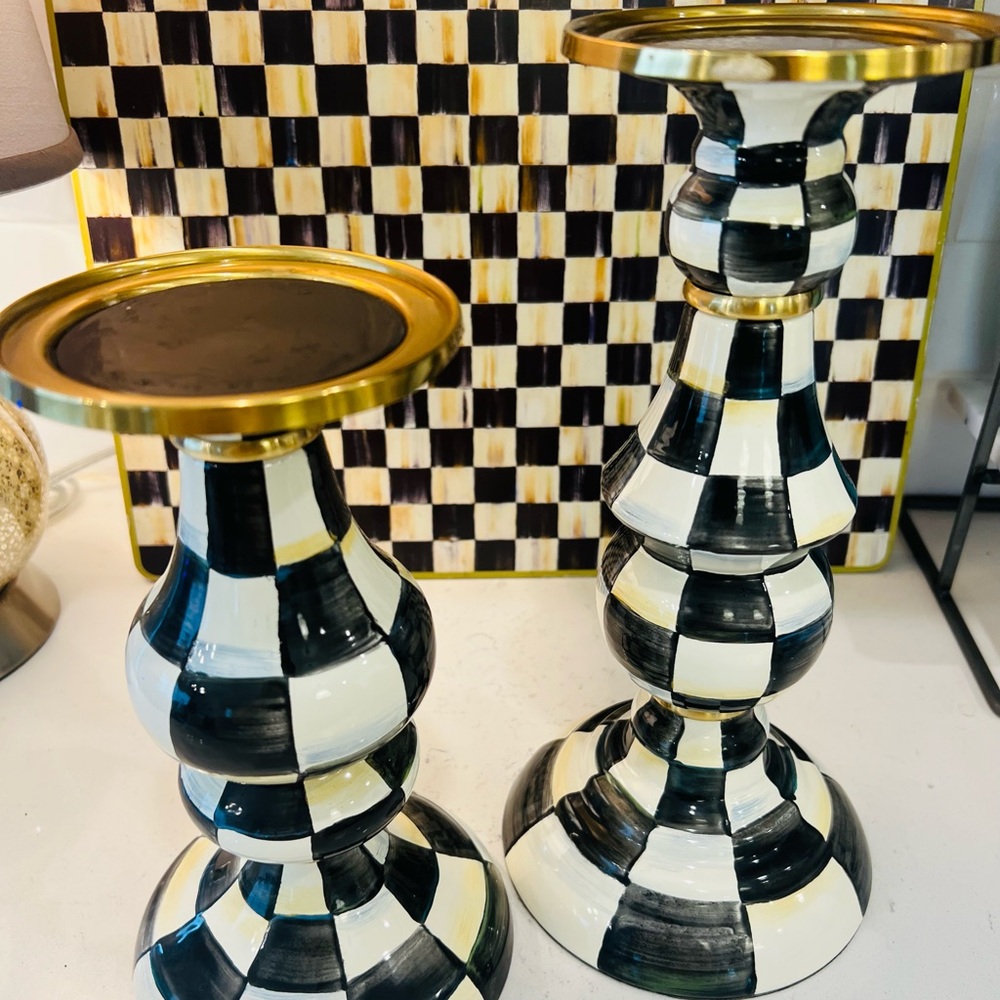 MACKENZIE-CHILDS Courtly Check Pillar Candlesticks Medium And Large - Picture 1 of 7